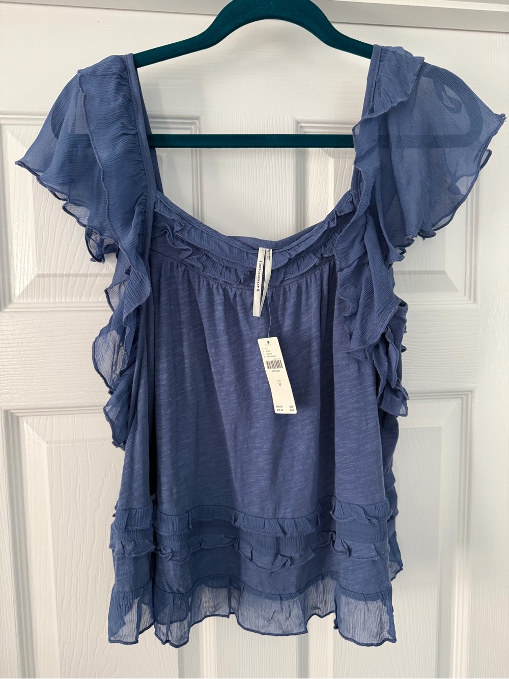 Anthropology Women's Blue Ruffle Sleeve Blouse - Lightweight Casual Top, M